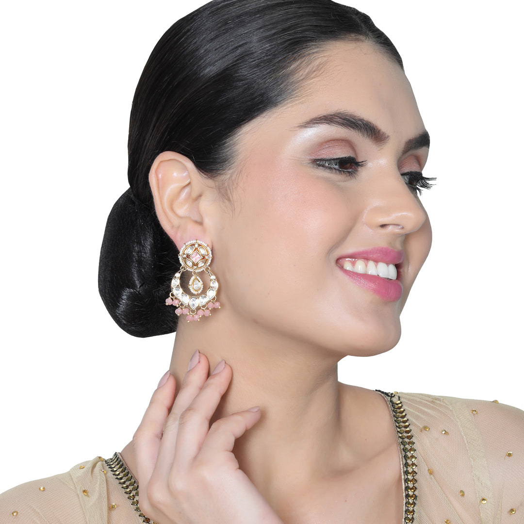 Gold finished Kundan Polki Danglers with blush Pink beads