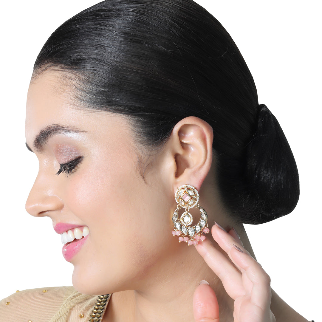 Gold finished Kundan Polki Danglers with blush Pink beads