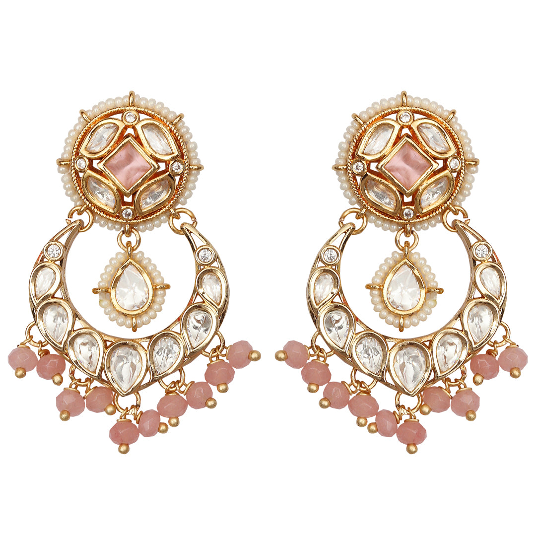 Gold finished Kundan Polki Danglers with blush Pink beads