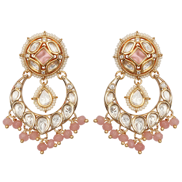 Gold finished Kundan Polki Danglers with blush Pink beads