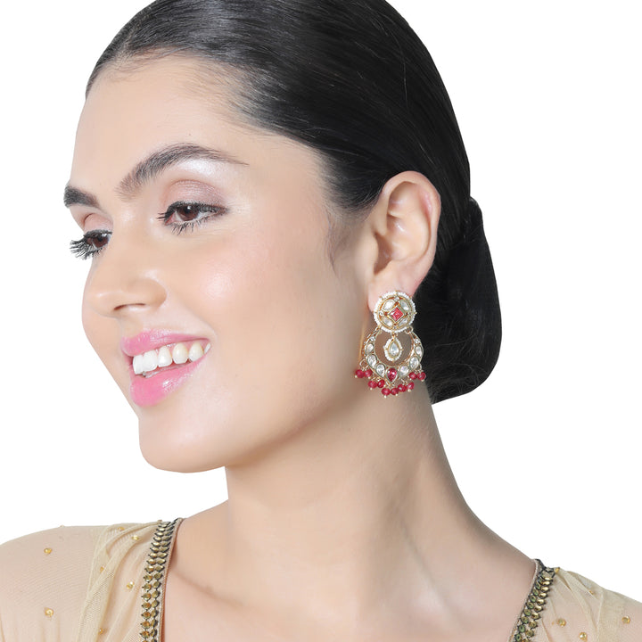 Gold finished Kundan Polki Danglers with blush Pink beads