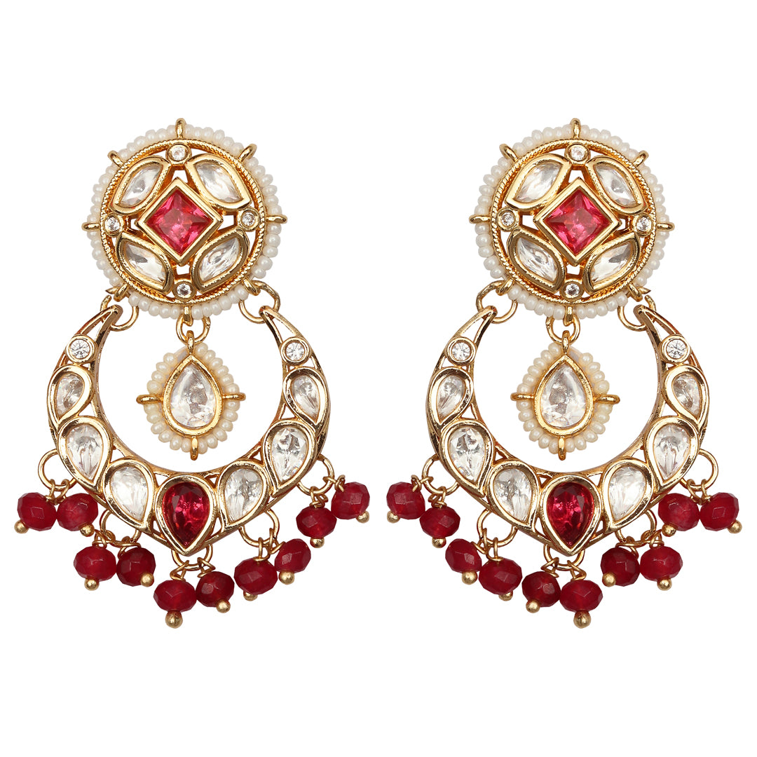 Gold finished Kundan Polki Danglers with Red beads