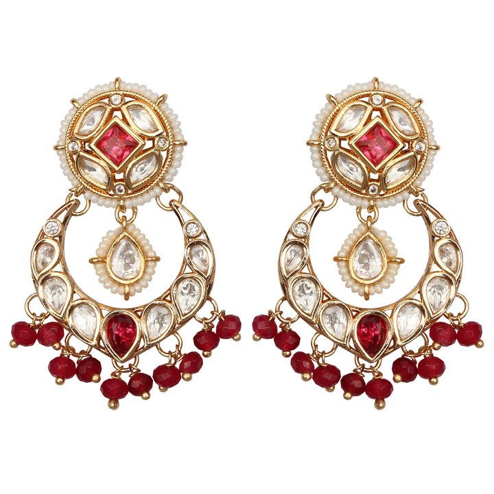 Gold finished Kundan Polki Danglers with Red beads