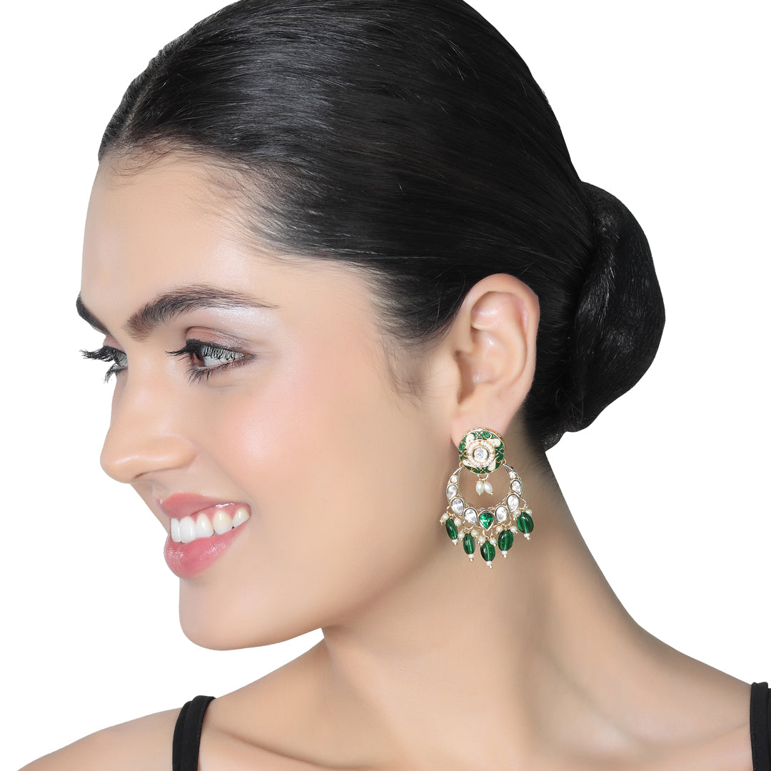 Gold finished Emerald Green Meenakari Kundan Chaandbalis