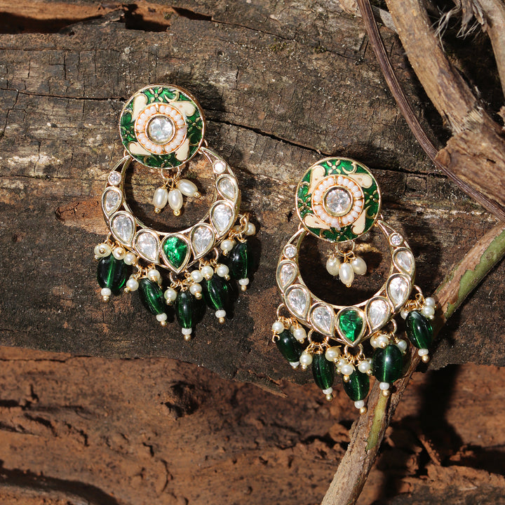 Gold finished Emerald Green Meenakari Kundan Chaandbalis