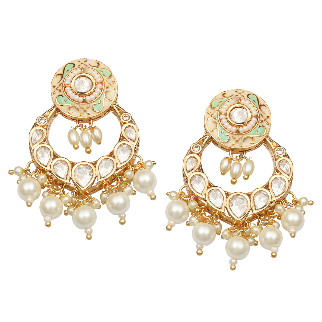 Gold finished Mint and White Meenakari Kundan Chandbalis