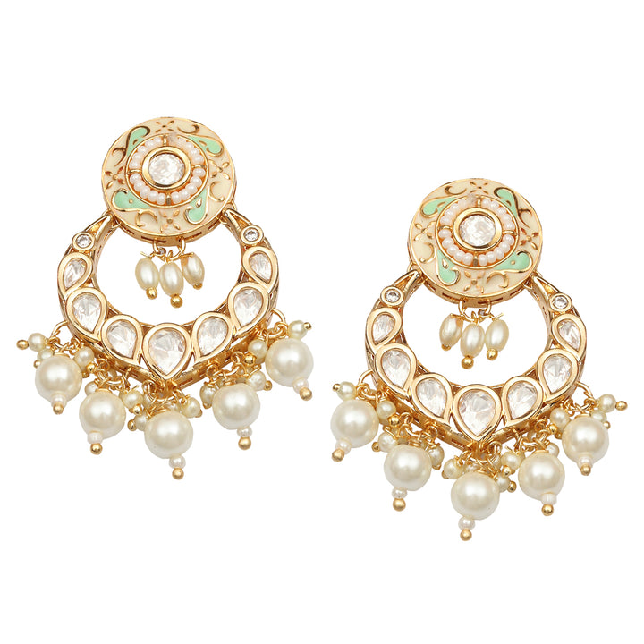 Gold finished Mint and White Meenakari Kundan Chandbalis