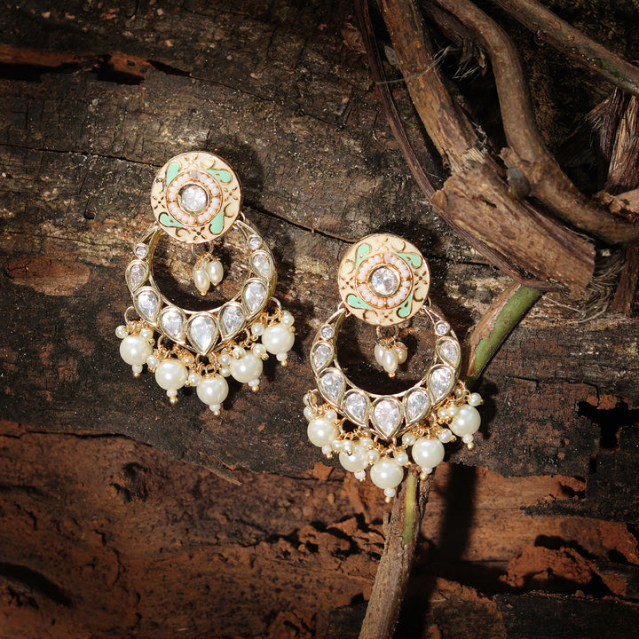 Gold finished Mint and White Meenakari Kundan Chandbalis