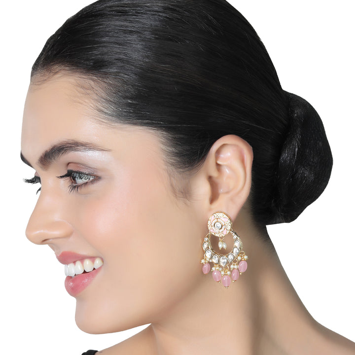 Gold finished light Pink Meenakari Kundan Chandbalis