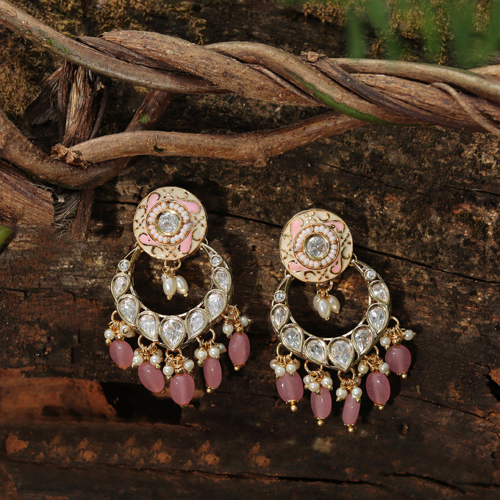 Gold finished light Pink Meenakari Kundan Chandbalis