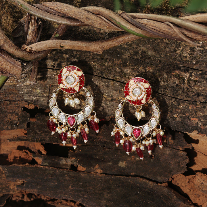 Gold finished Red Meenakari Kundan Chandbalis