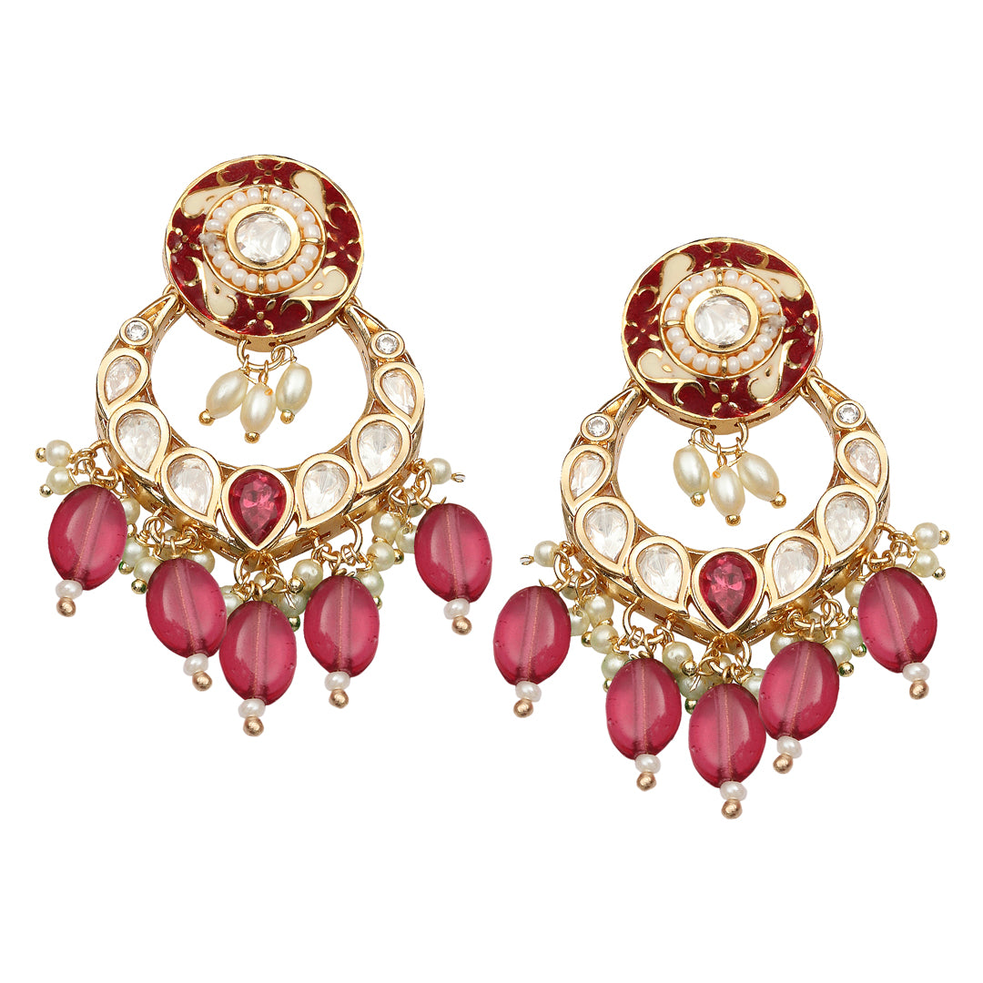 Gold finished Red Meenakari Kundan Chandbalis