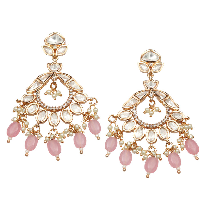 Gold finished Kundan and Polki Chandbalis with baby Pink coloured beads