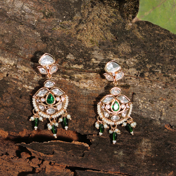 Gold finished Kundan and Polki Danglers with Emerald Green beads