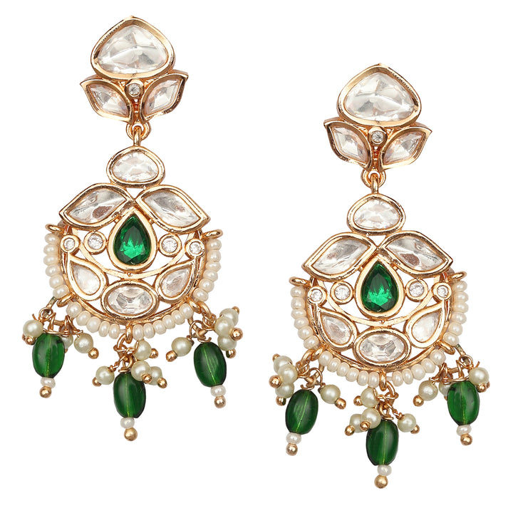 Gold finished Kundan and Polki Danglers with Emerald Green beads