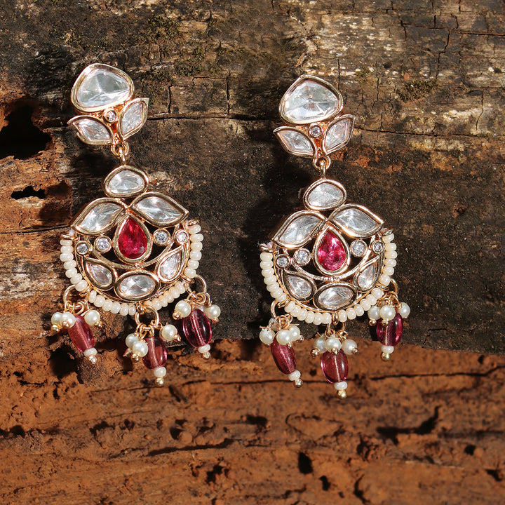 Gold finished Kundan and Polki Danglers with Rani Pink beads