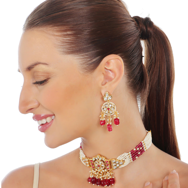 Kundan Choker Set with White & Red Beads