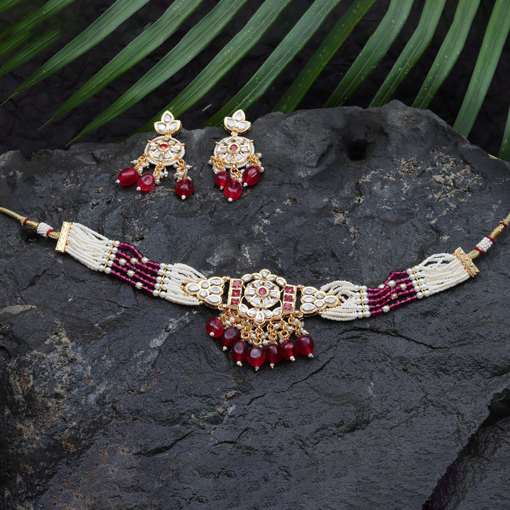 Kundan Choker Set with White & Red Beads