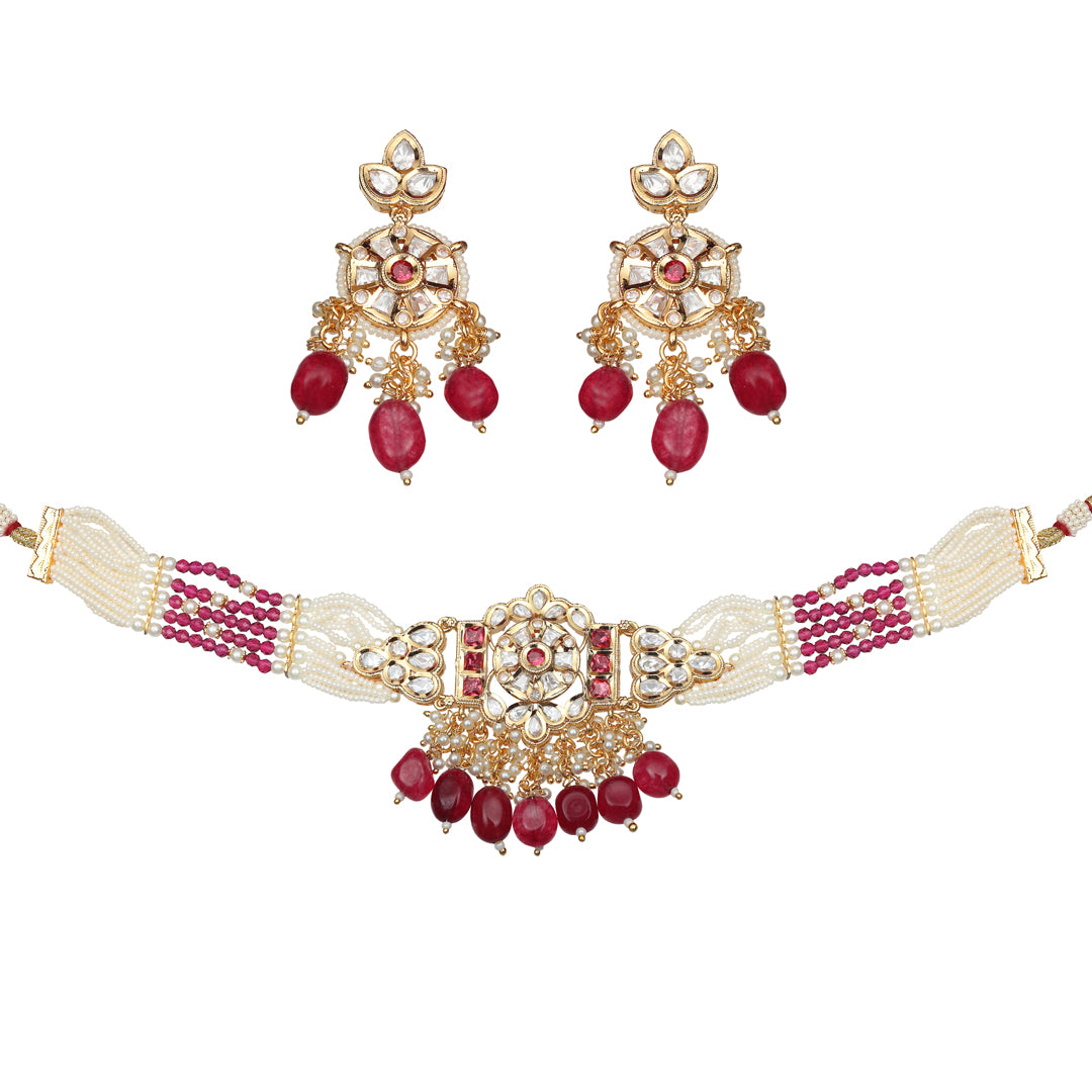 Kundan Choker Set with White & Red Beads