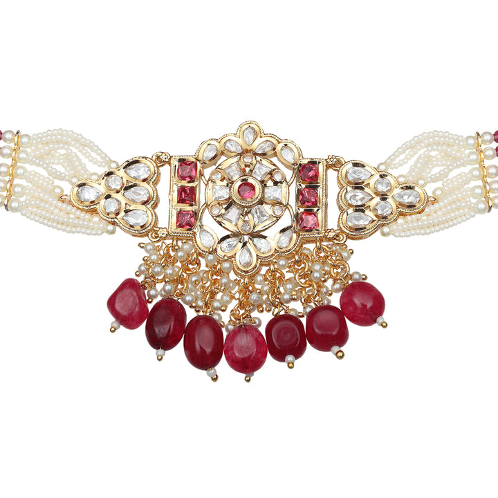 Kundan Choker Set with White & Red Beads