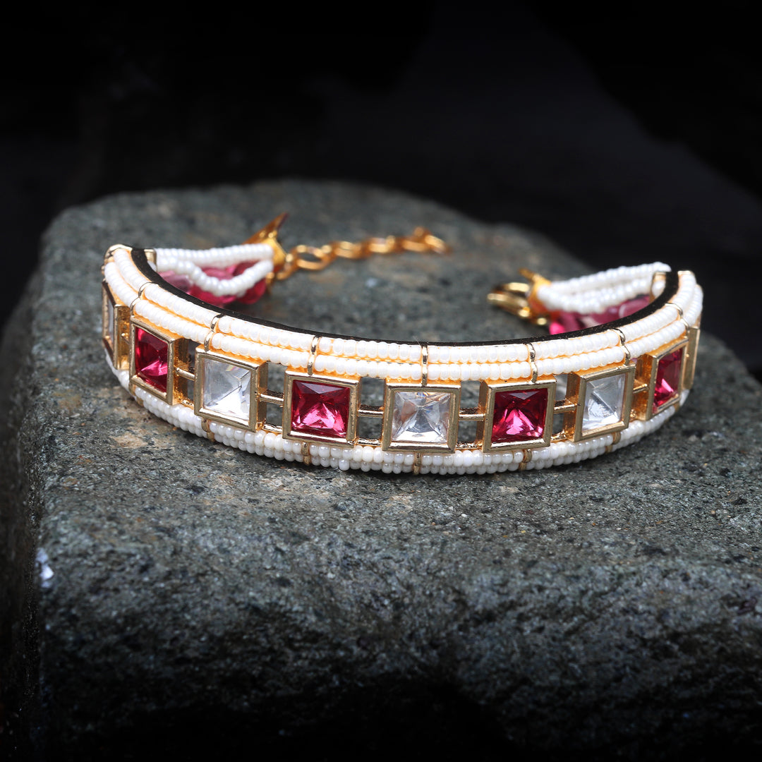 Gold Finished Red Kundan Polki Half Kada