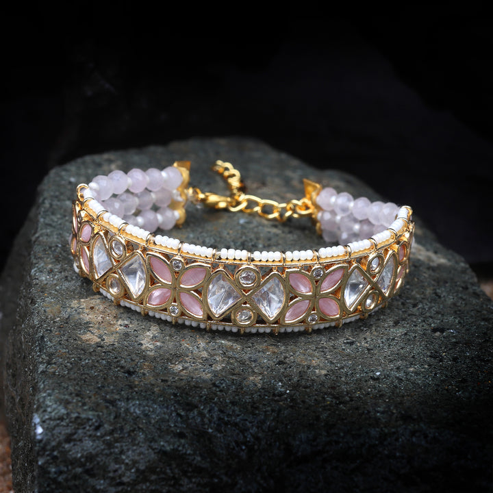 Gold Finished Kundan Polki Pink Half Kada