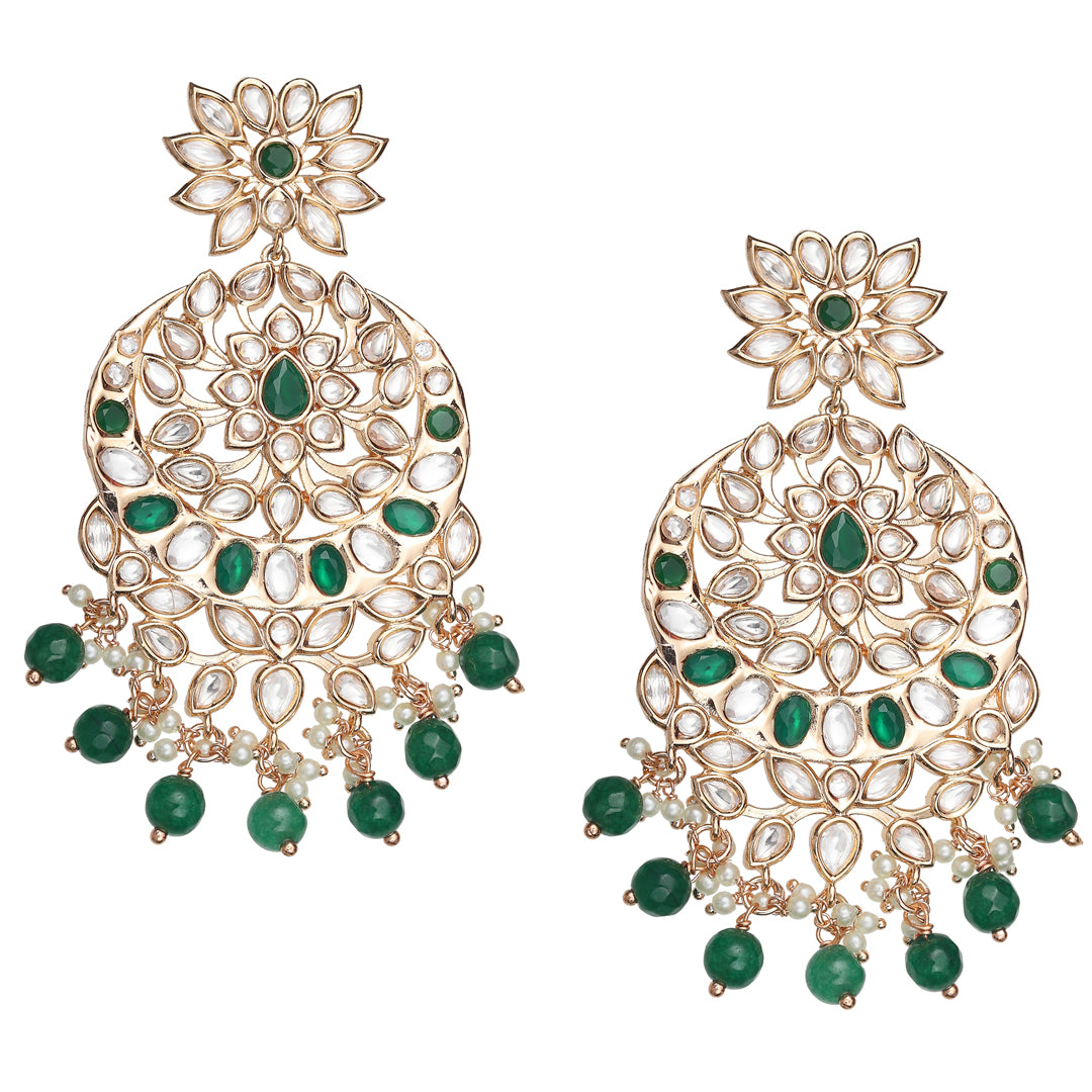 Gold Finished Kundan Polki Mala Set Embellished with Emerald Green Stones