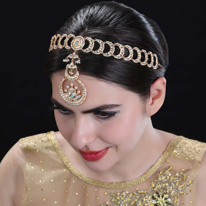 Gold Finish Kundan And Polki Lotus Design Maang Tikka