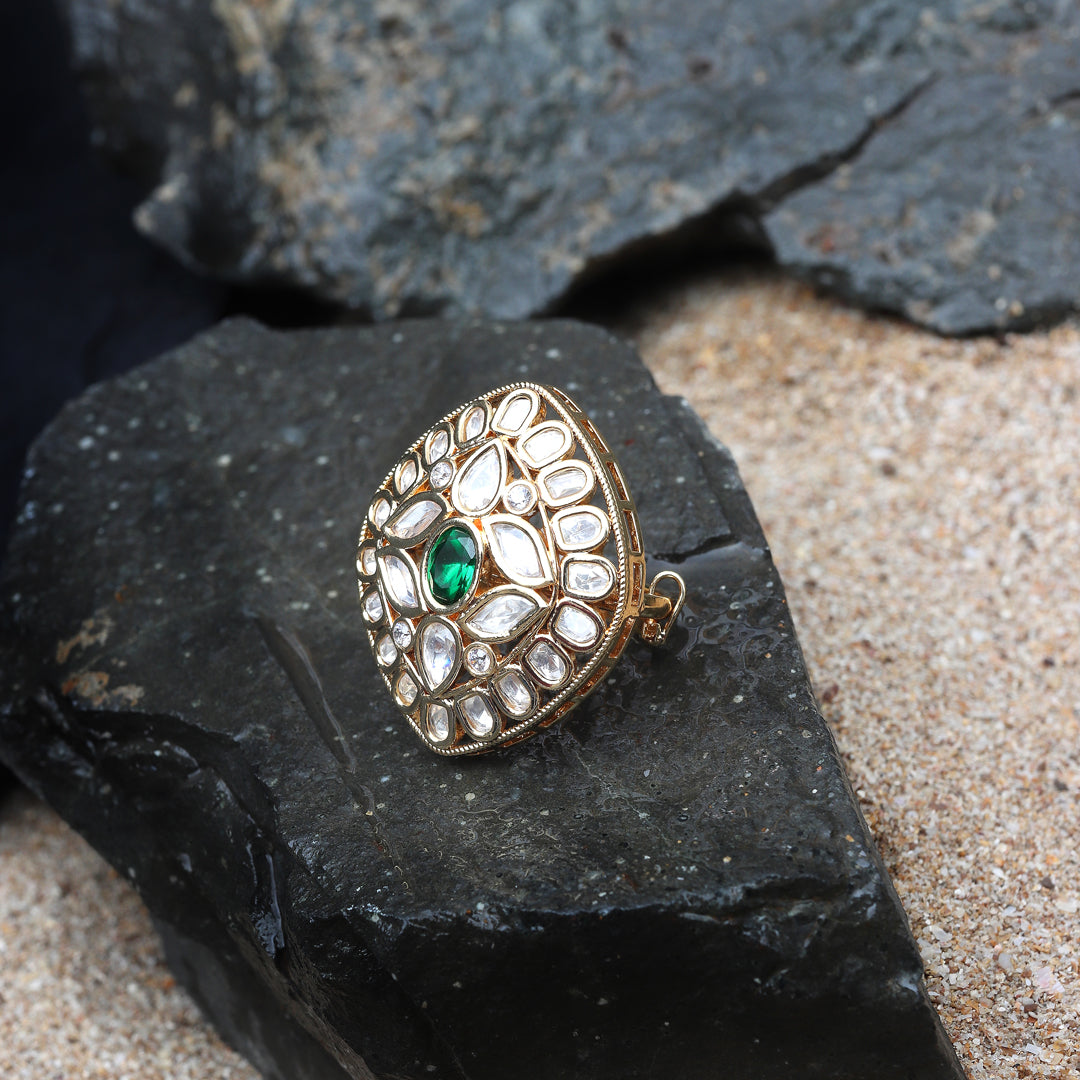 Gold Finished Kundan Polki Green Adjustable Ring