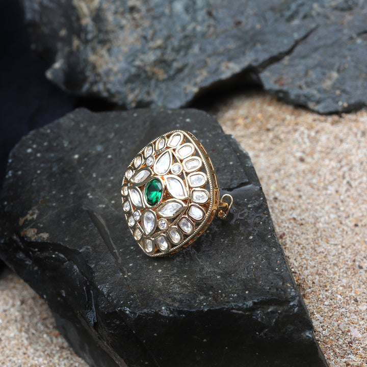 Gold Finished Kundan Polki Green Adjustable Ring