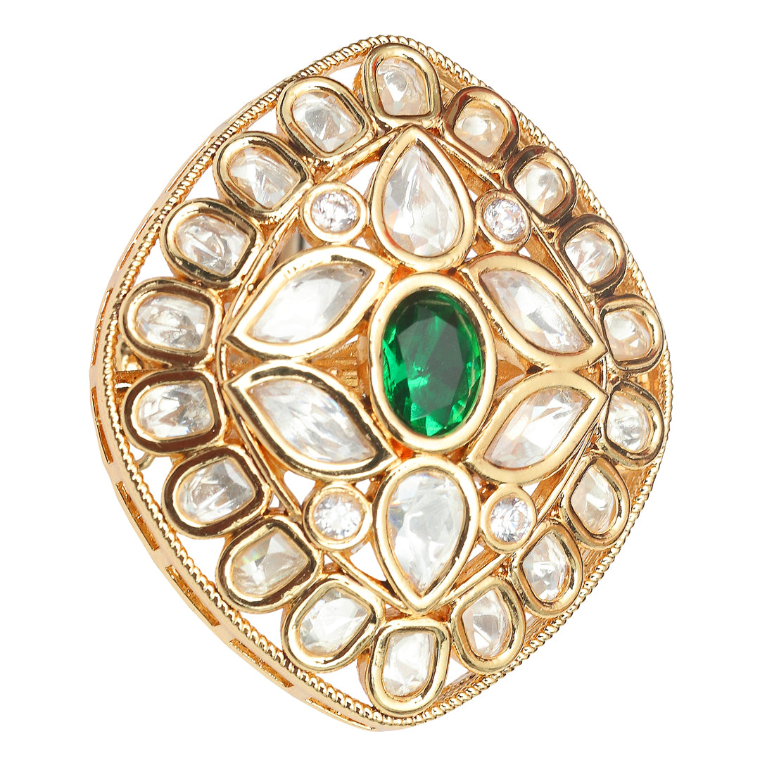 Gold Finished Kundan Polki Green Adjustable Ring