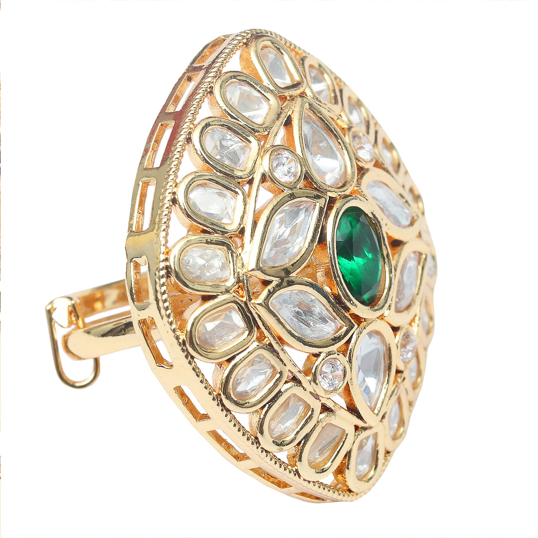 Gold Finished Kundan Polki Green Adjustable Ring