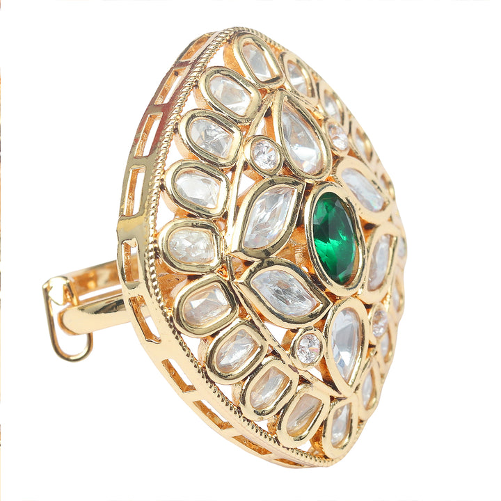 Gold Finished Kundan Polki Green Adjustable Ring