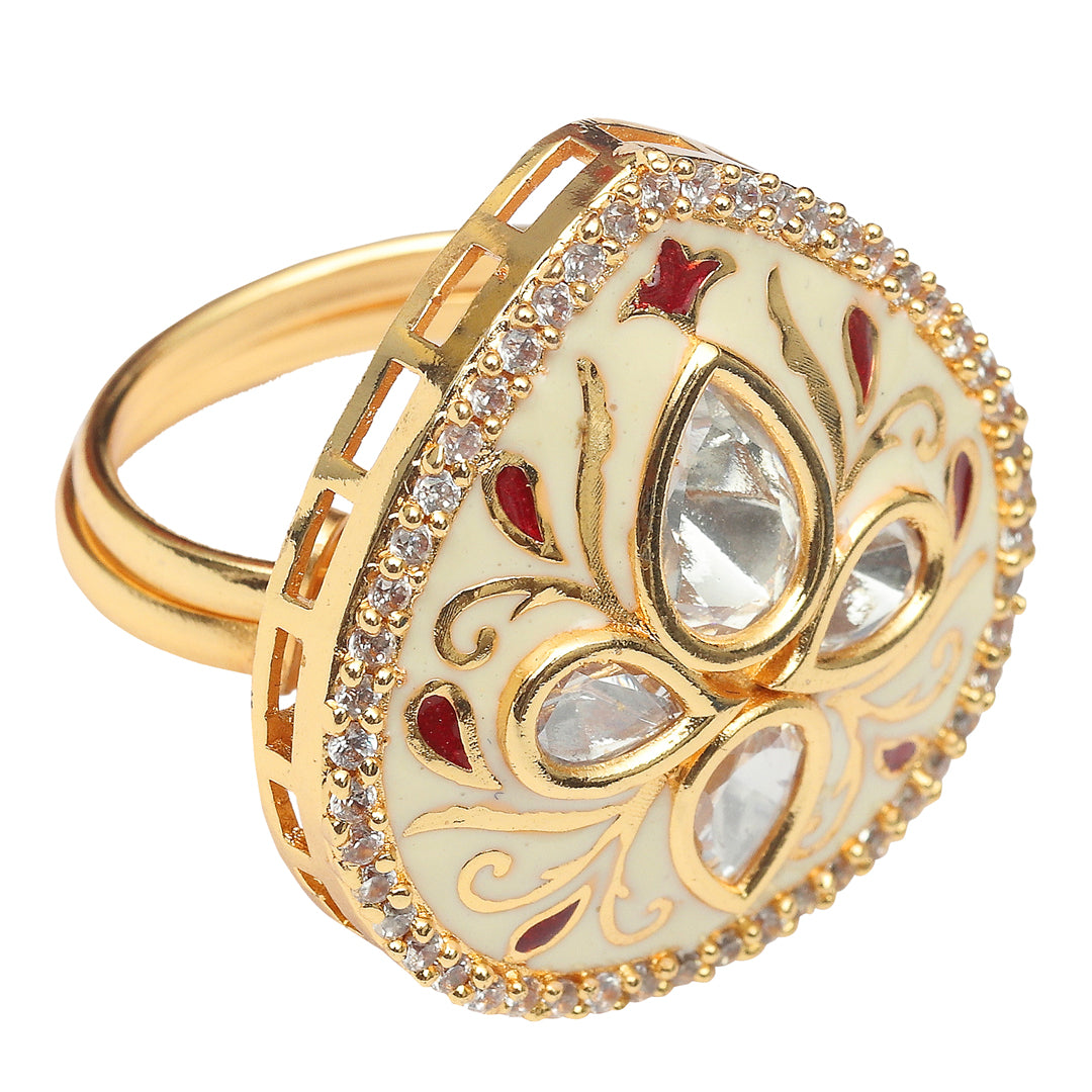 Gold Finished Kundan Polki Ring with Meenakari Detail