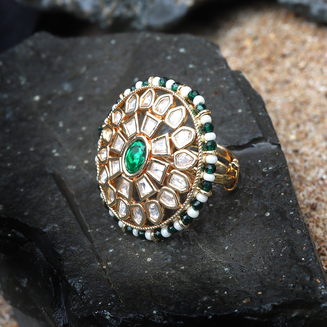 Gold Finished Kundan Polki Green Ring