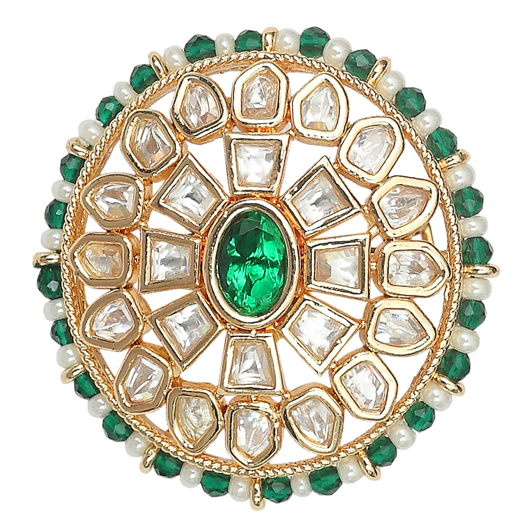 Gold Finished Kundan Polki Green Ring