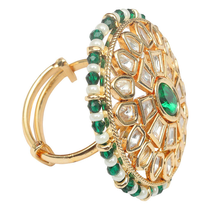 Gold Finished Kundan Polki Green Ring