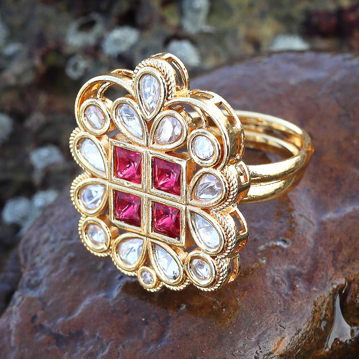 Gold Finished Red Kundan Polki Ring