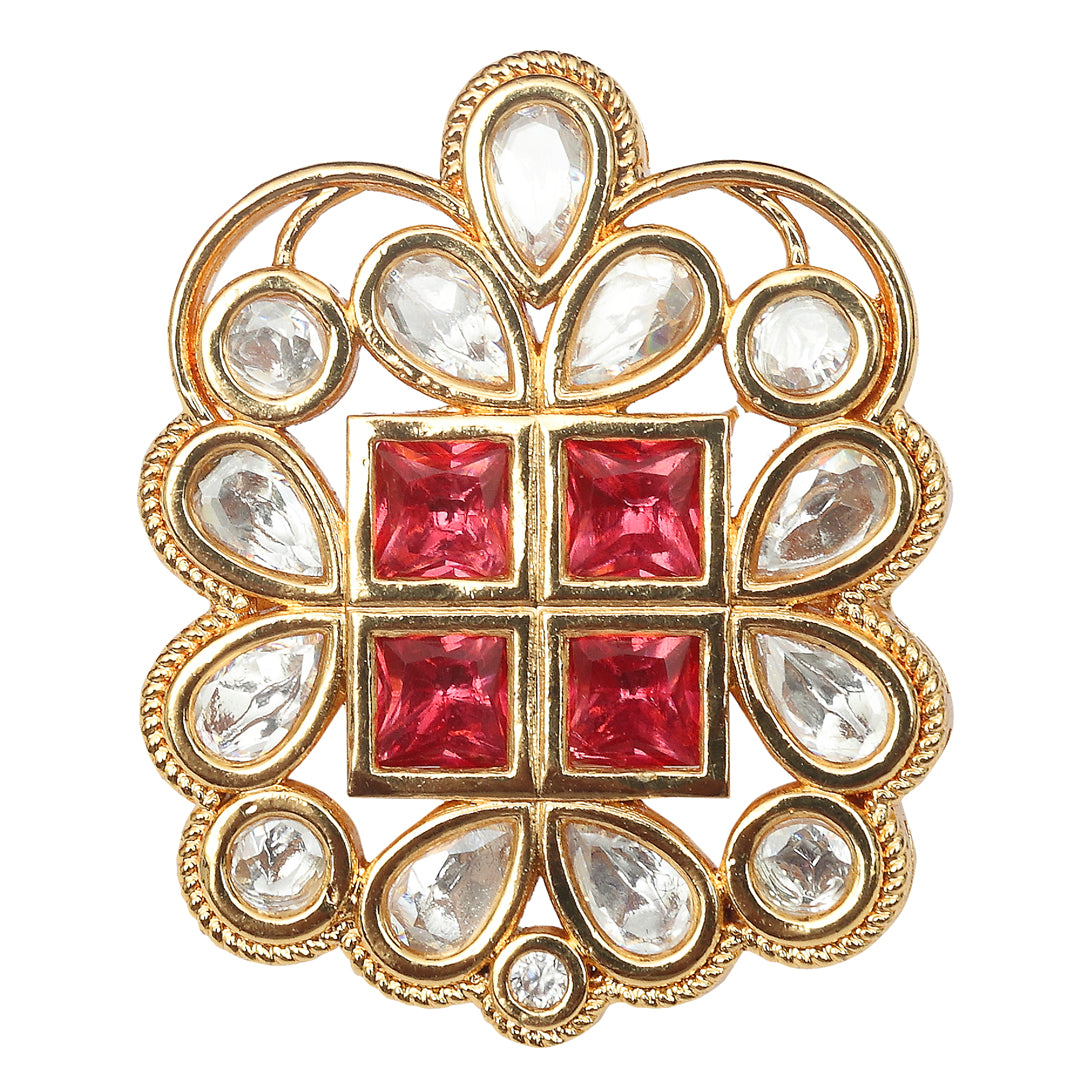 Gold Finished Red Kundan Polki Ring