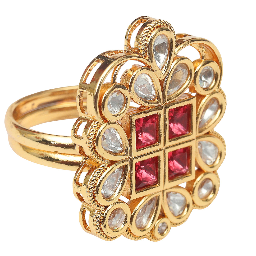 Gold Finished Red Kundan Polki Ring