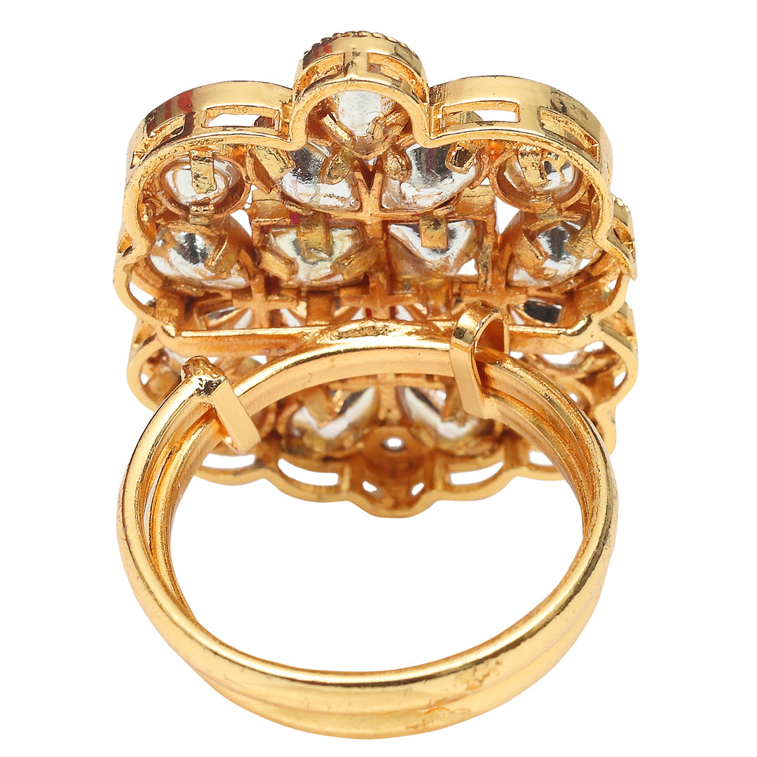 Gold Finished Red Kundan Polki Ring