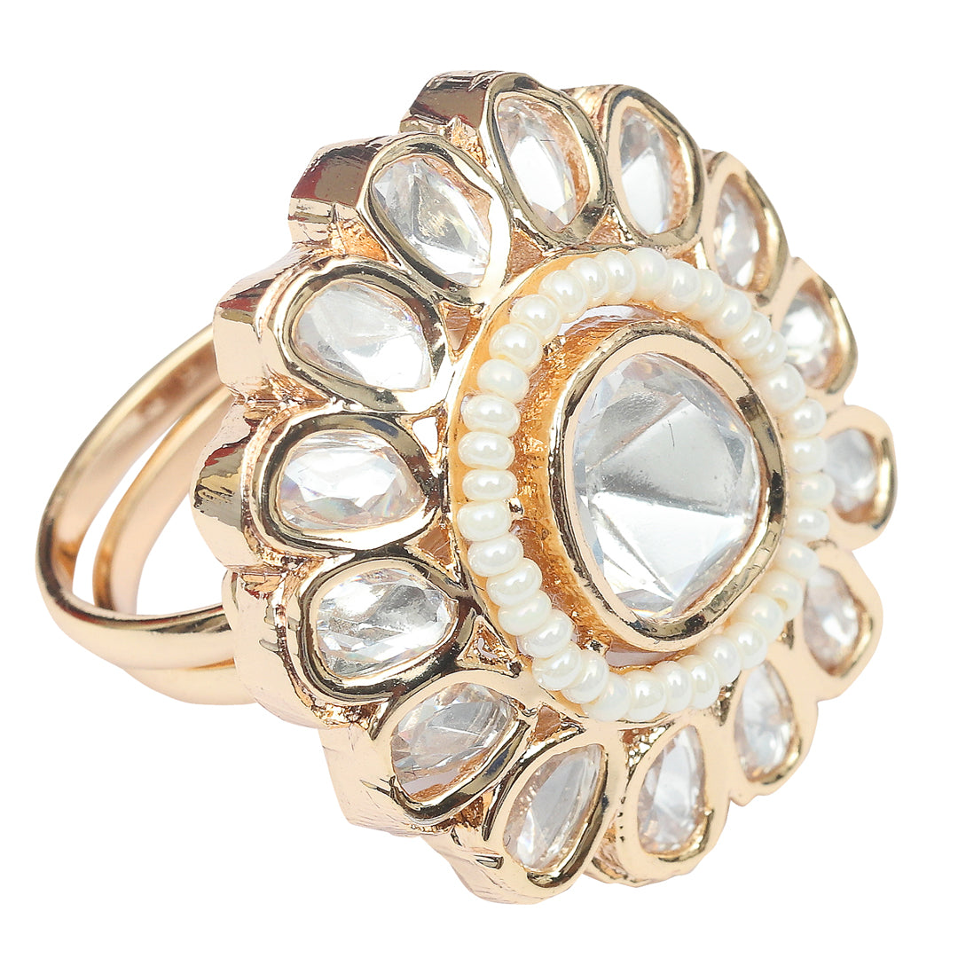 Gold Finished Floral Design Kundan Polki Ring