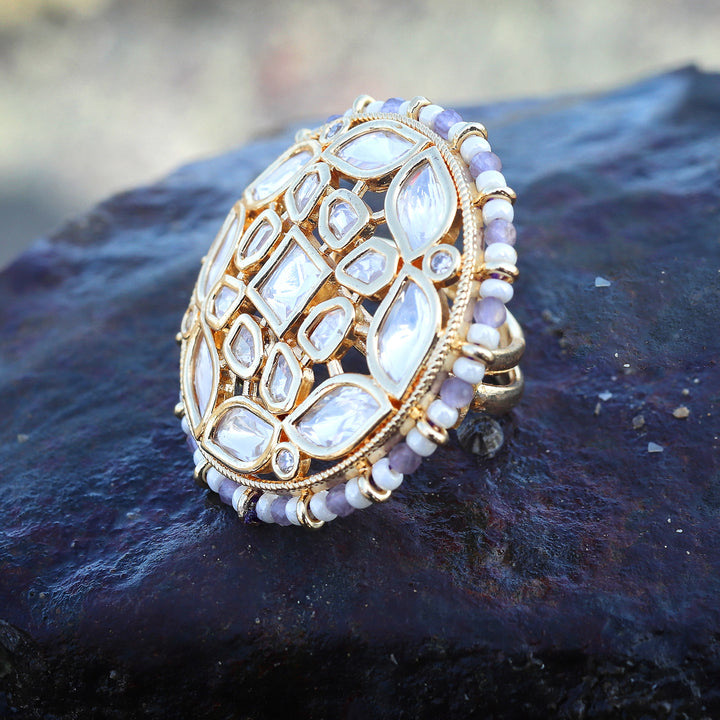 Gold Finished Kundan Polki Ring with Lilac & White Beads