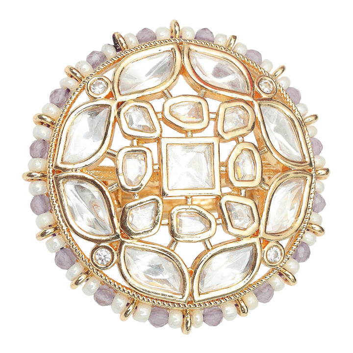 Gold Finished Kundan Polki Ring with Lilac & White Beads