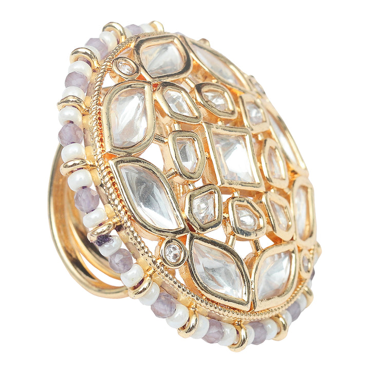 Gold Finished Kundan Polki Ring with Lilac & White Beads