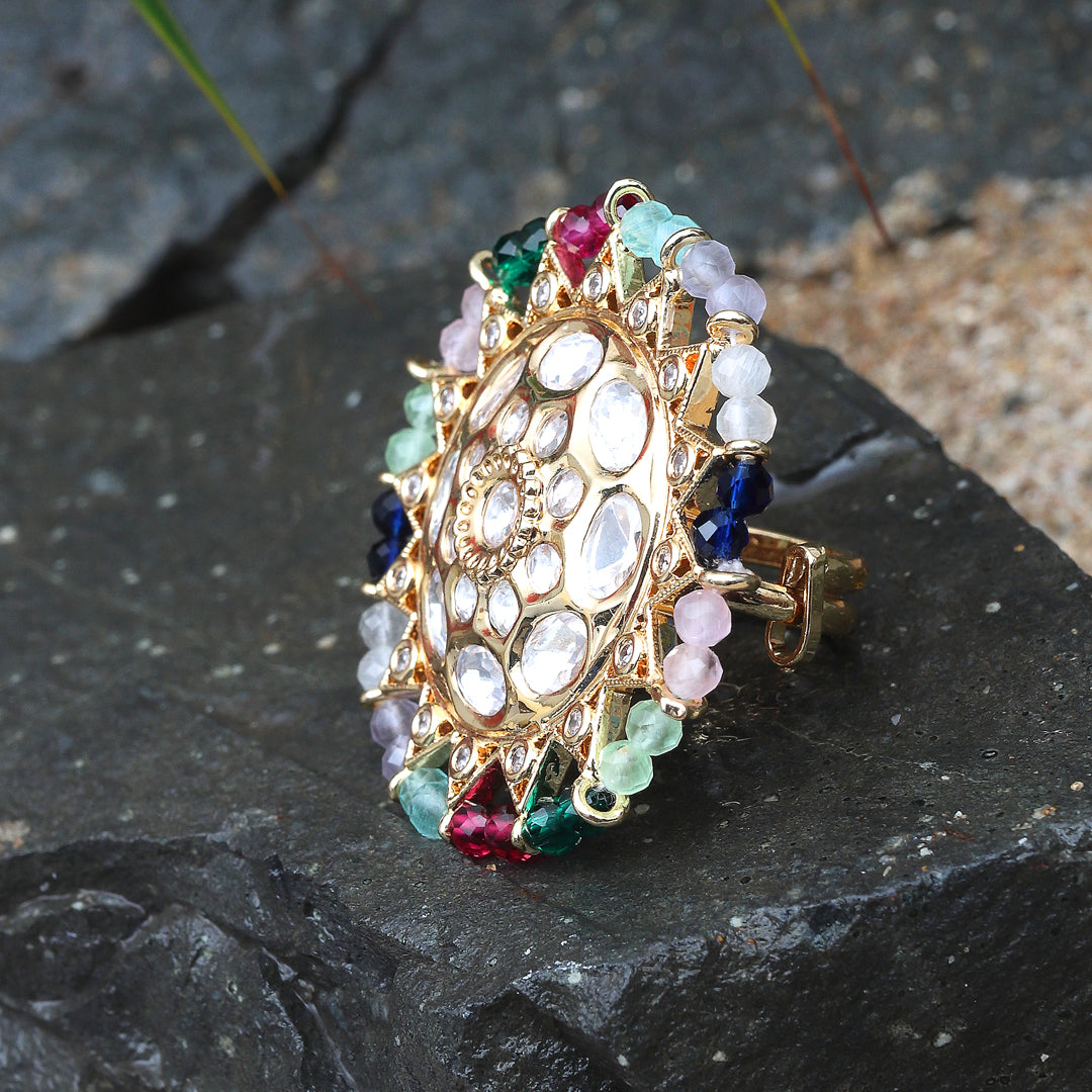 Gold Finished Kundan Polki Ring with Multicoloured Beads