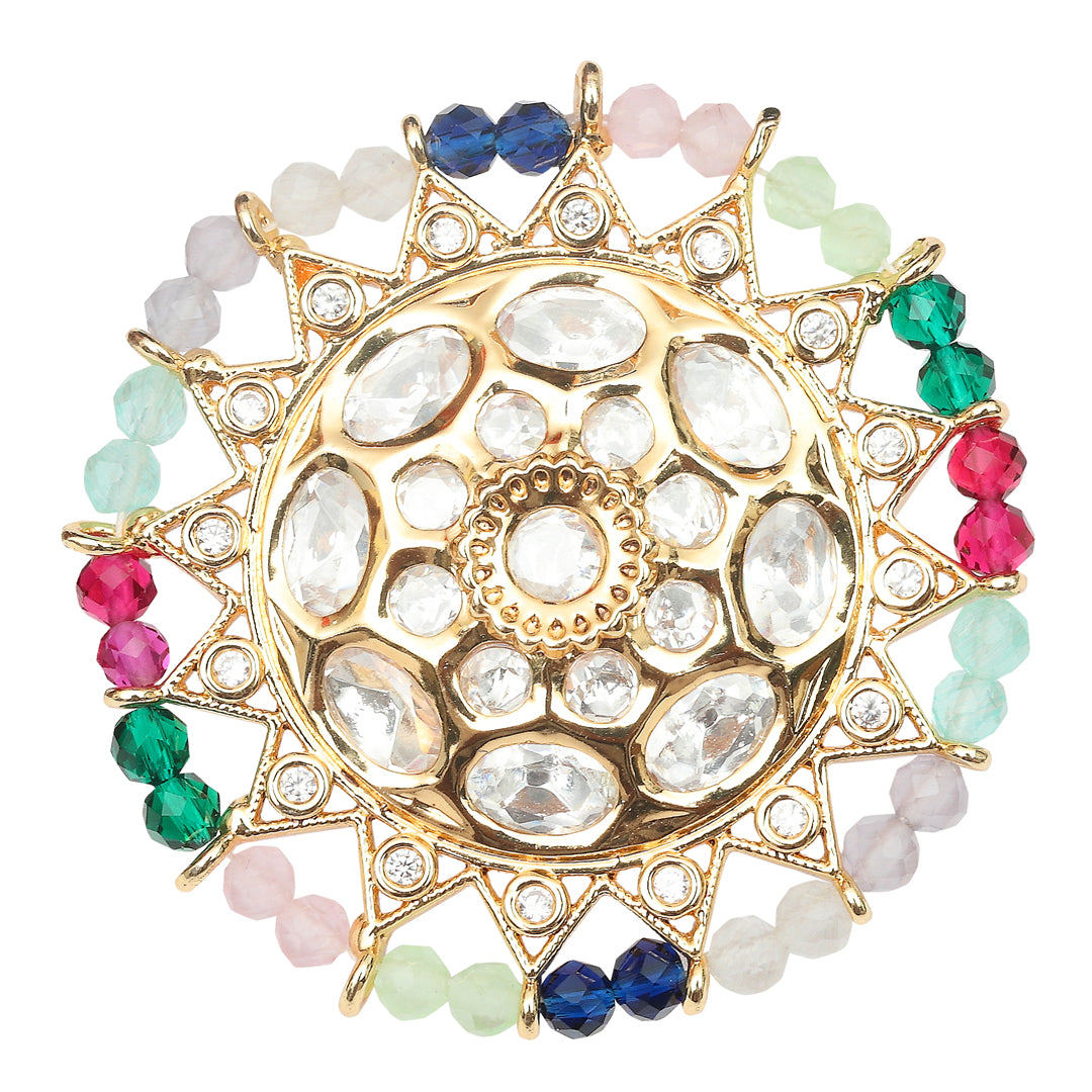 Gold Finished Kundan Polki Ring with Multicoloured Beads