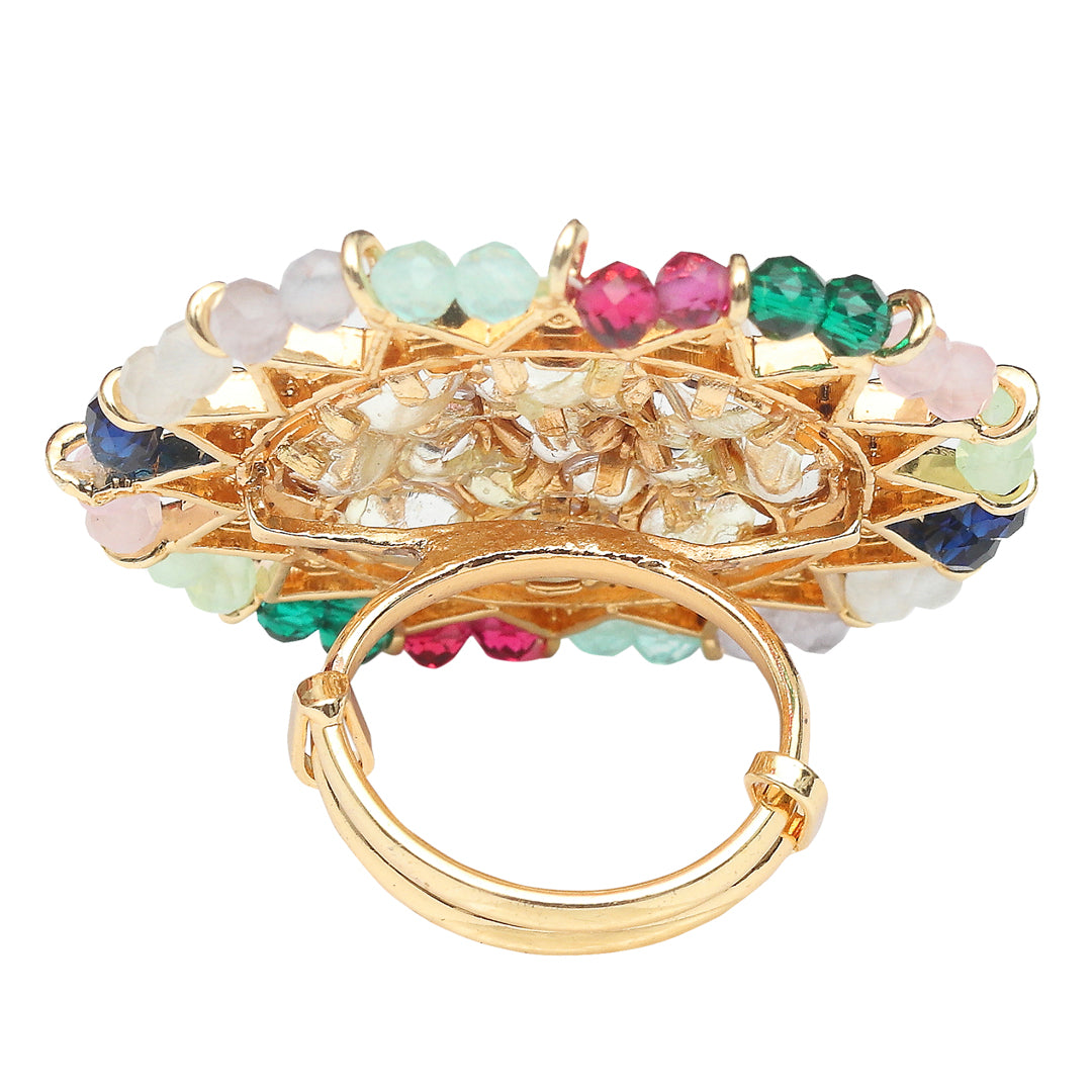 Gold Finished Kundan Polki Ring with Multicoloured Beads