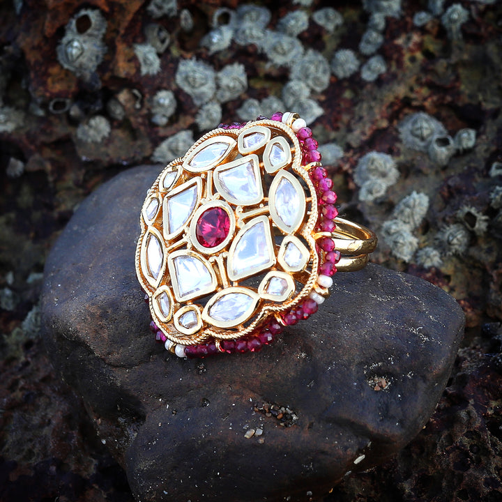 Gold Finished Kundan Polki Red Ring