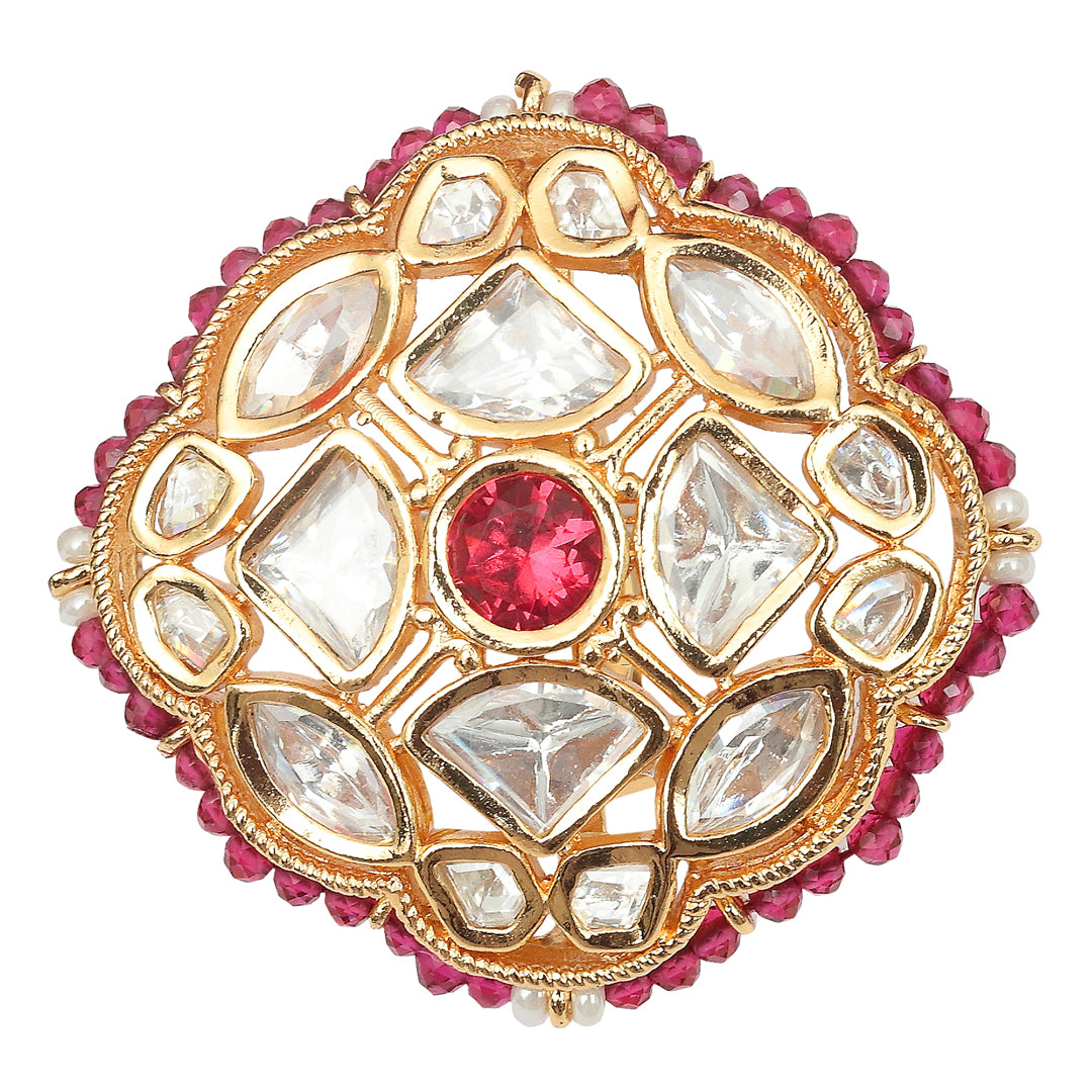 Gold Finished Kundan Polki Red Ring